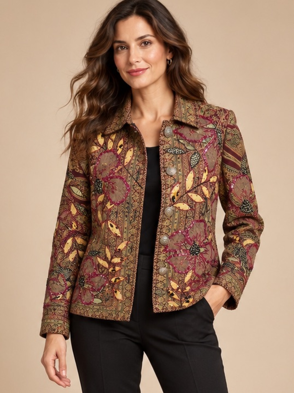 Drapers & Damon's Floral Tapestry Wool Jacket S Brown Gold Button Front Sequin